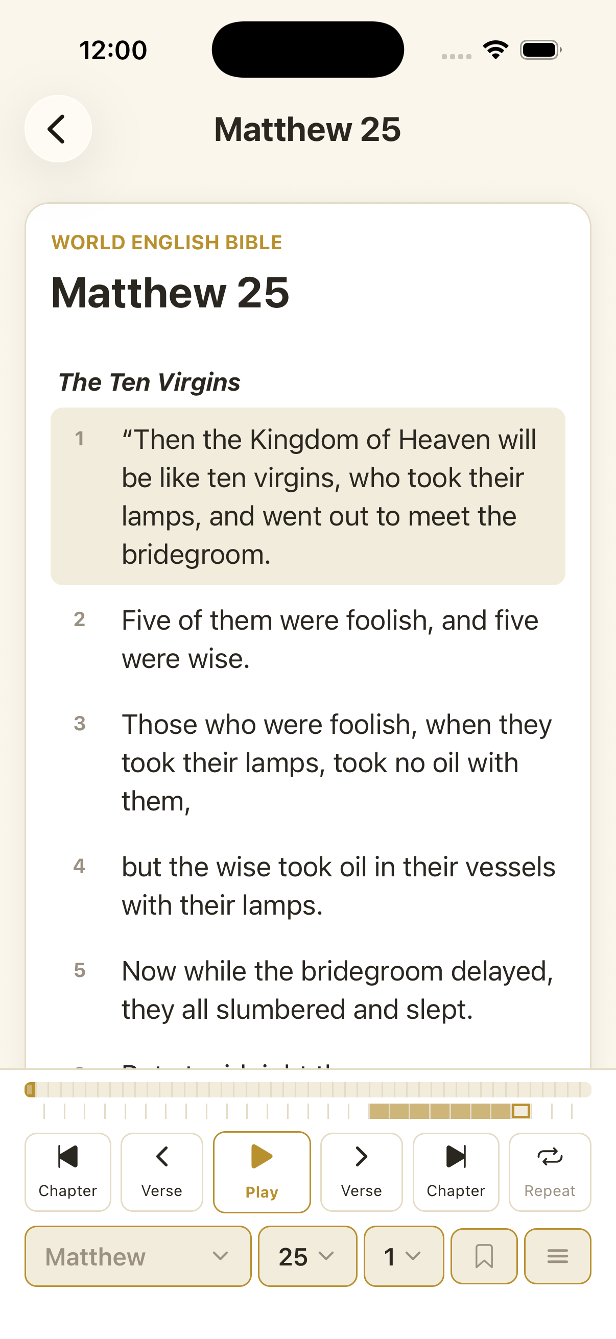 The Bible reader open to a chapter with playback controls.