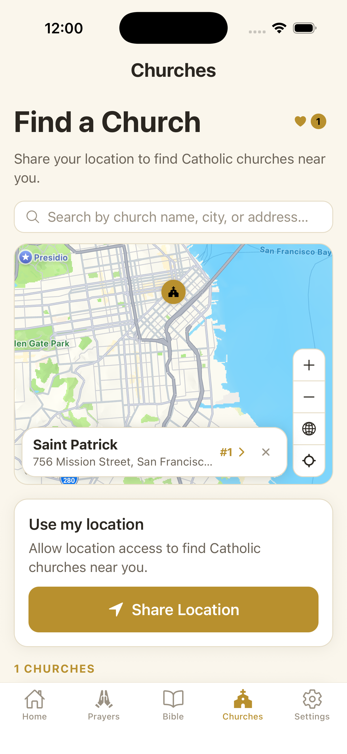 The church finder showing a nearby parish on a map.