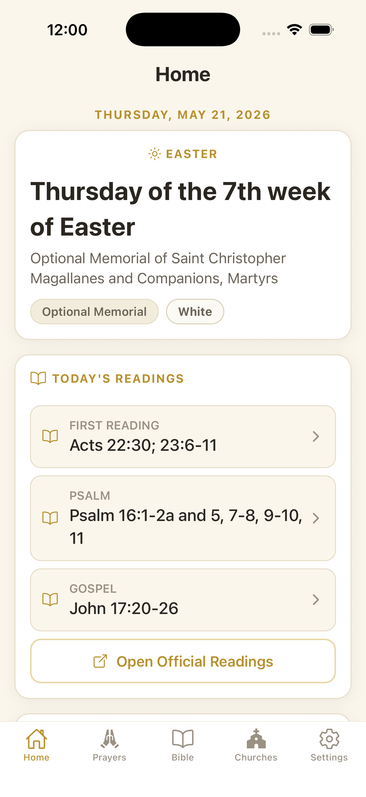 The Prayer Explorer home screen, showing the day's liturgy and today's Mass readings.