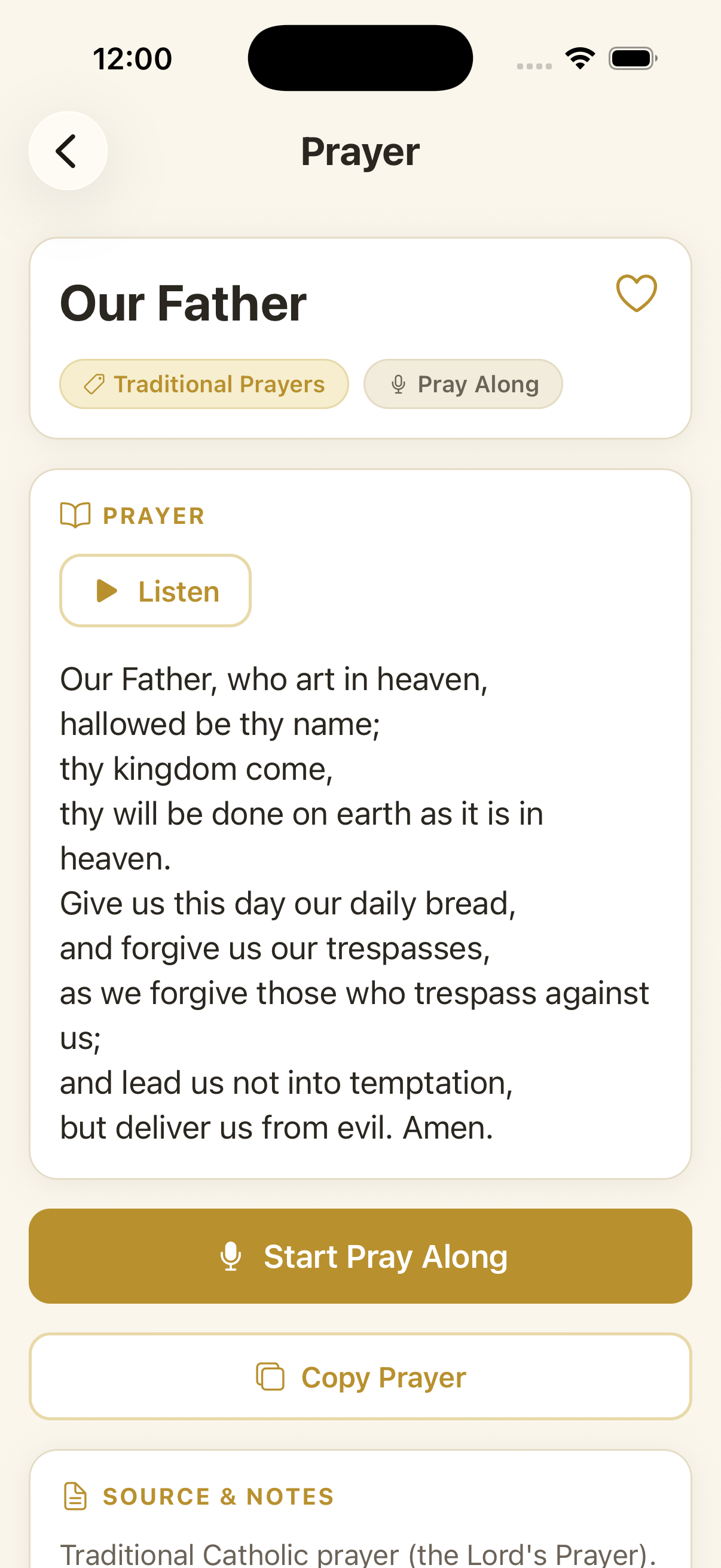 A prayer open to its full text, with options to listen or pray along.