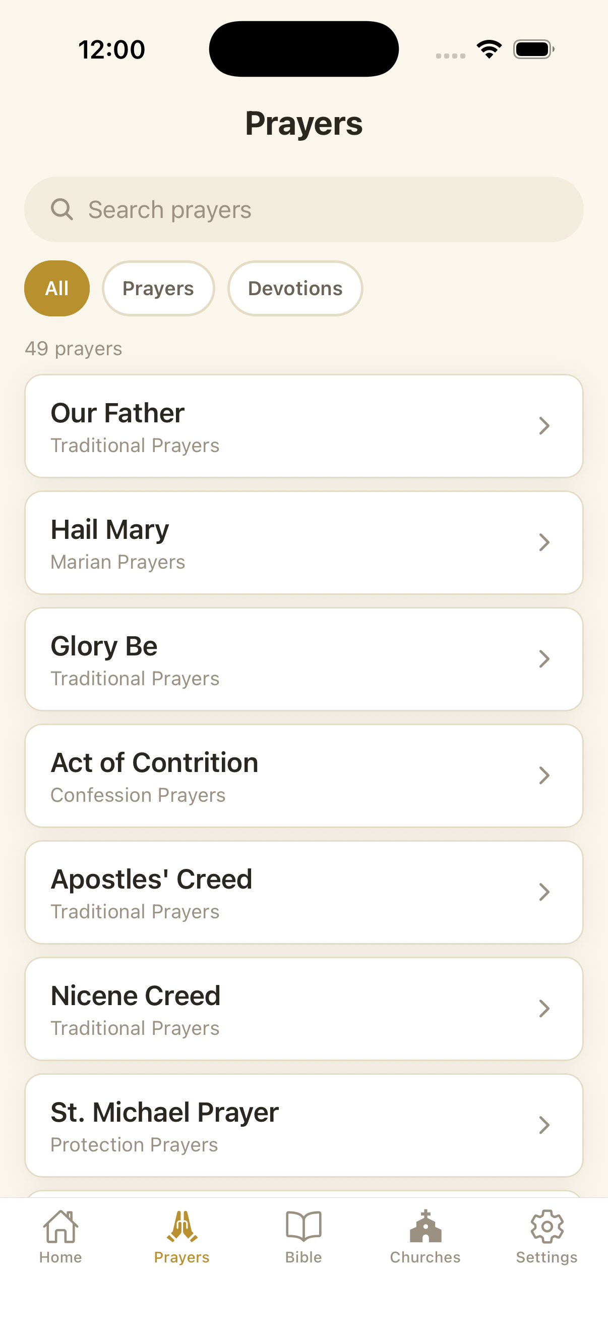 The prayer library, listing traditional prayers by category.