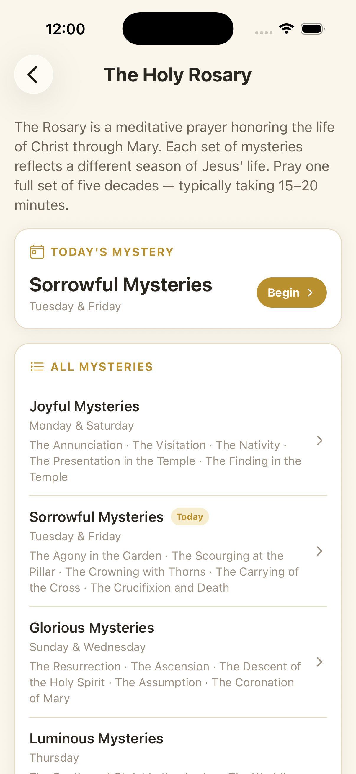The Holy Rosary screen showing today's mystery and all sets of mysteries.